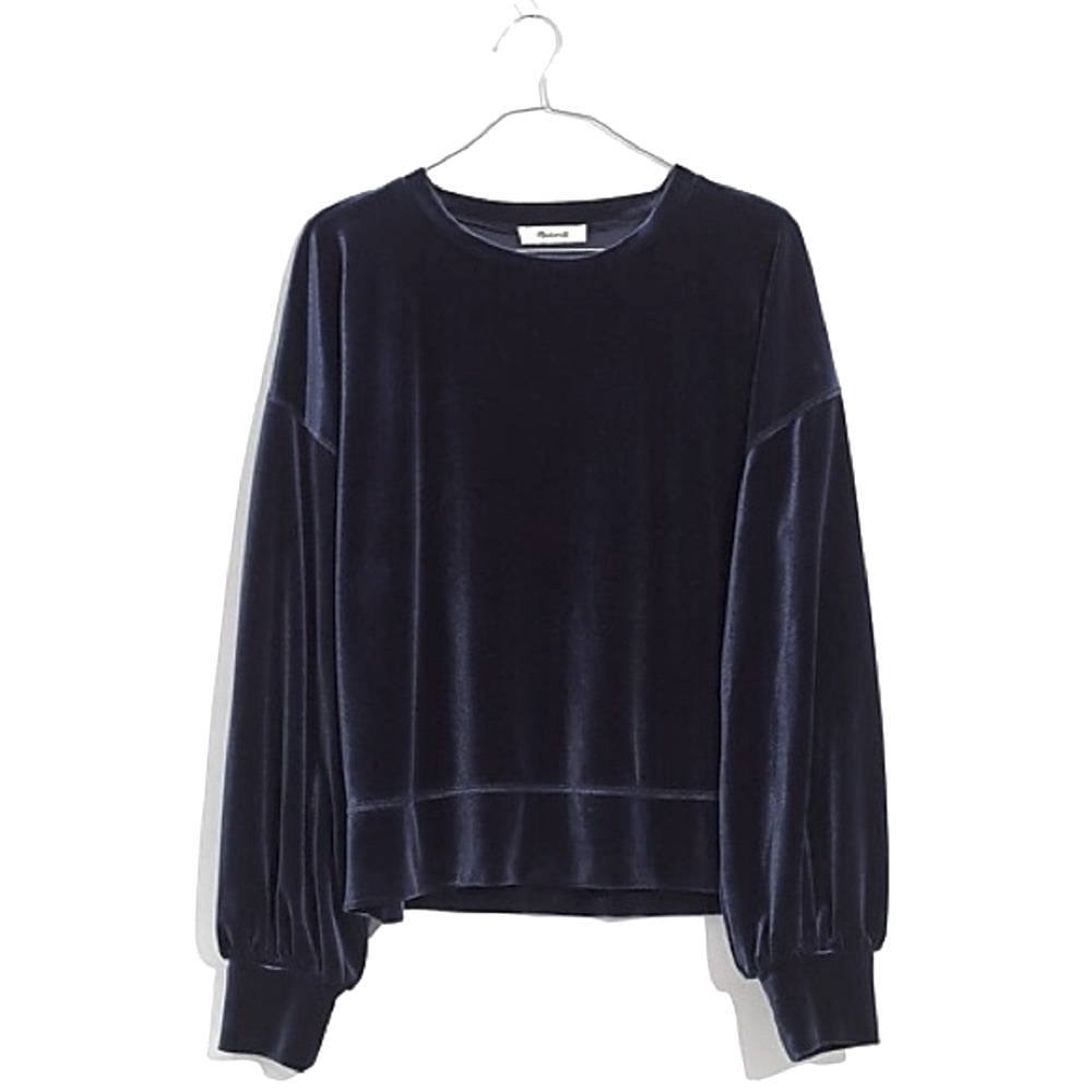 Madewell Velvet Balloon-Sleeve Blue Sweatshirt